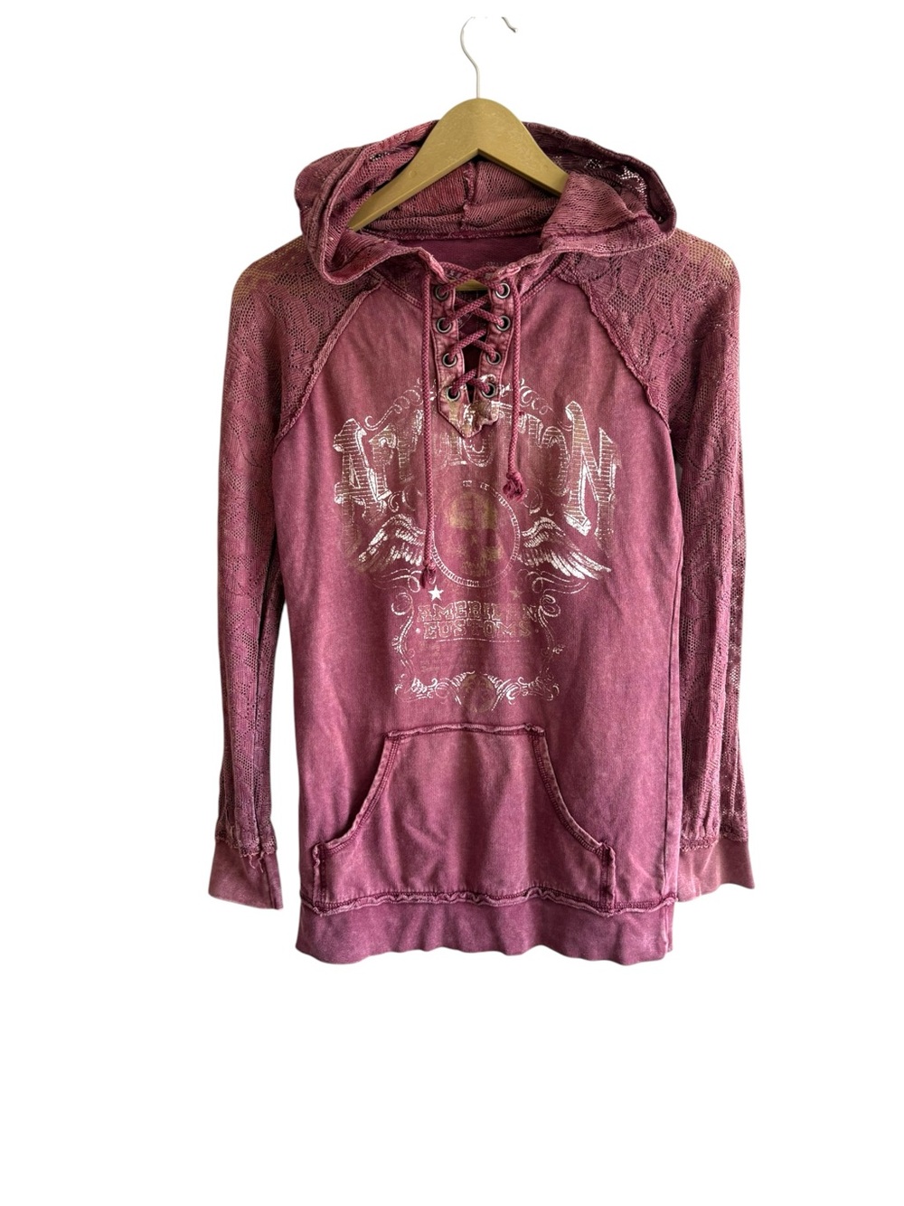 Affliction Size Small Burgundy Lace Sleeve Lace Up Hoodie Grunge Punk Graphic